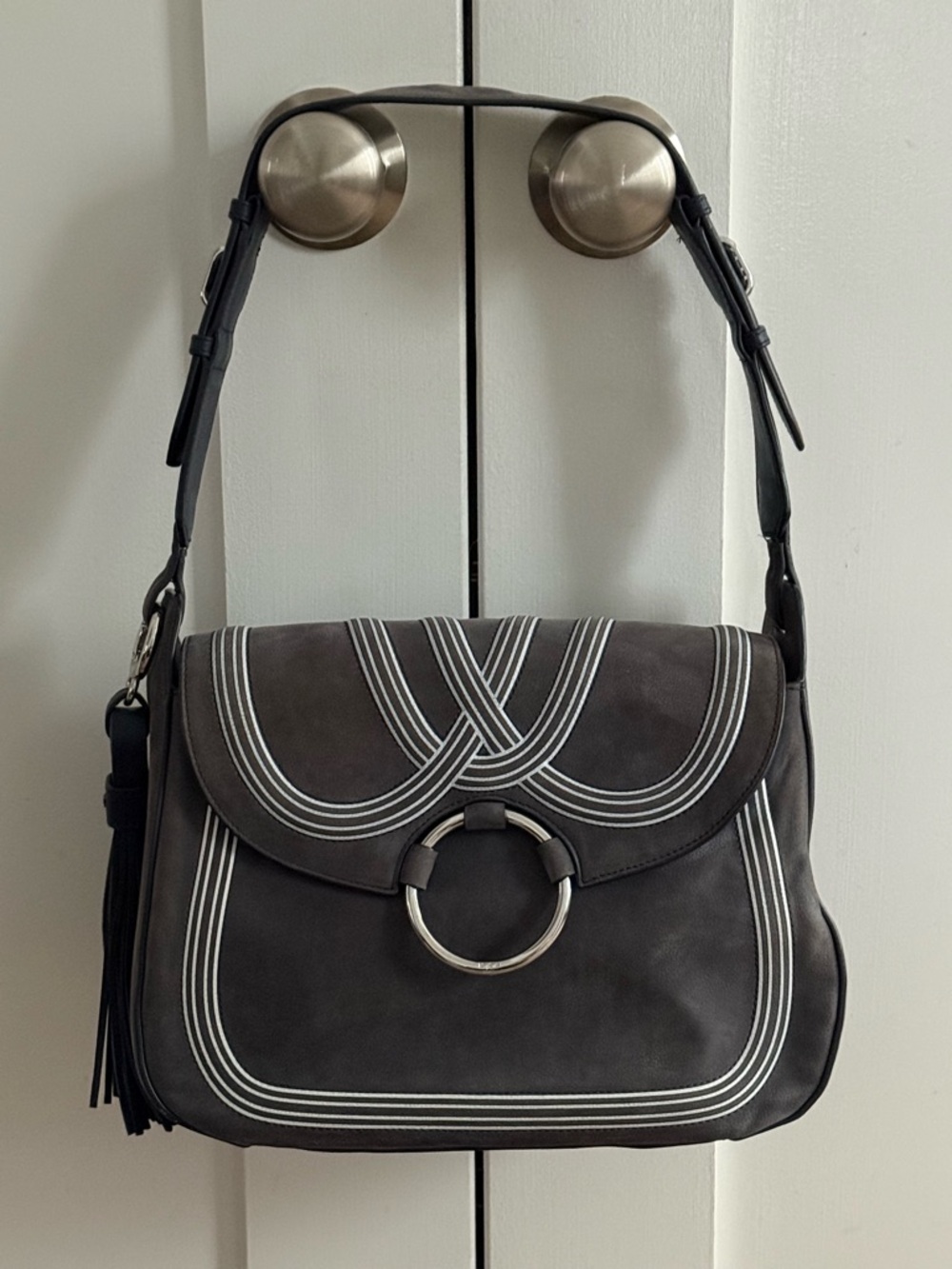 Tory Burch Blue Saddle Bag with White Stitching and Ring Detail